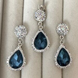 Pear Cut Blue Stone with 30+ Crystals 925 Sterling Silver Tear Drop Earrings.